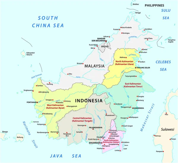 Mapa Vetorial Administrativo Político Dos Distritos Indonésia Ilha Bornéu Kalimantan —  Vetores de Stock