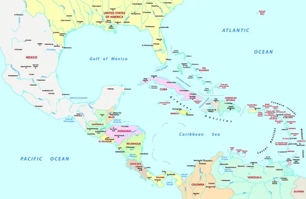 Mapa Administrativo Dos Países América Central Das Caraíbas —  Vetores de Stock