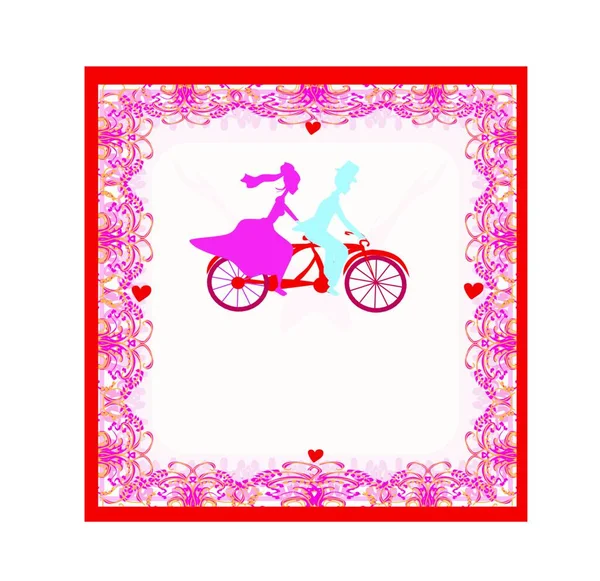 Esküvői Meghívó Menyasszony Vőlegény Lovaglás Tandem Kerékpár — Stock Vector