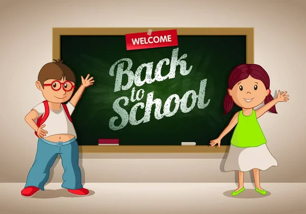 教室の黒板にベクトルの男の子と女の子 学生は黒板の学校のテキストへようこそ — ストックベクタ