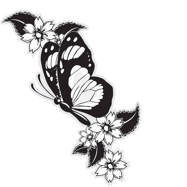 Papillon Volant Avec Des Fleurs Des Feuilles — Image vectorielle