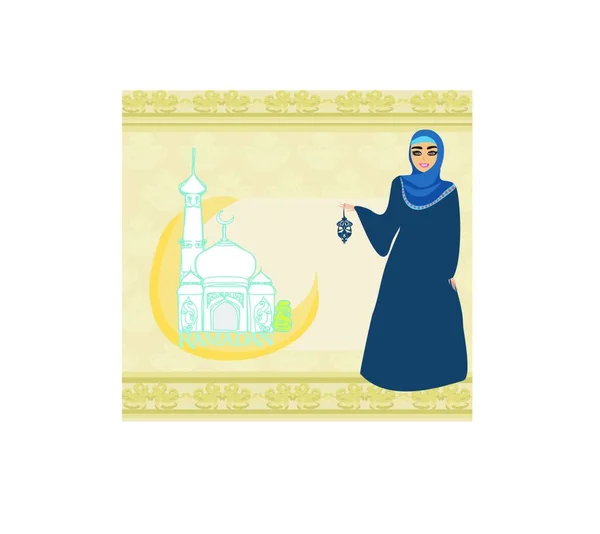 Frumoase Femei Musulmane Fundal Moschee — Vector de stoc