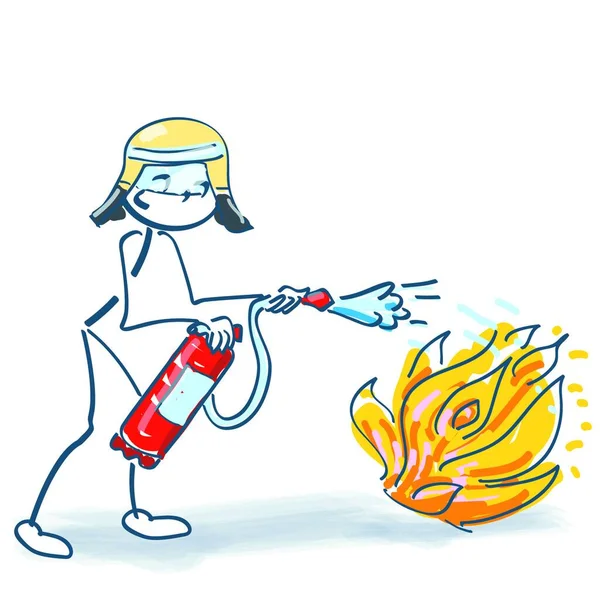 Stick Figure Fireman Fire Extinguisher Fire Delete — Stock Vector