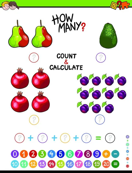 Cartoon Illustration Der Pädagogischen Mathematischen Zähl Und Ergänzungsaufgabe Für Kinder — Stockvektor