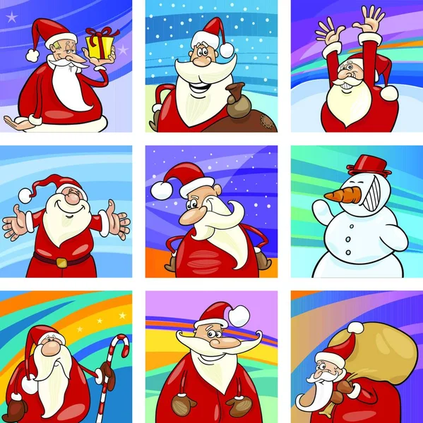 Cartoon Illusztráció Karácsonyi Kártyák Mikulás Karakterek Gyűjtemény — Stock Vector