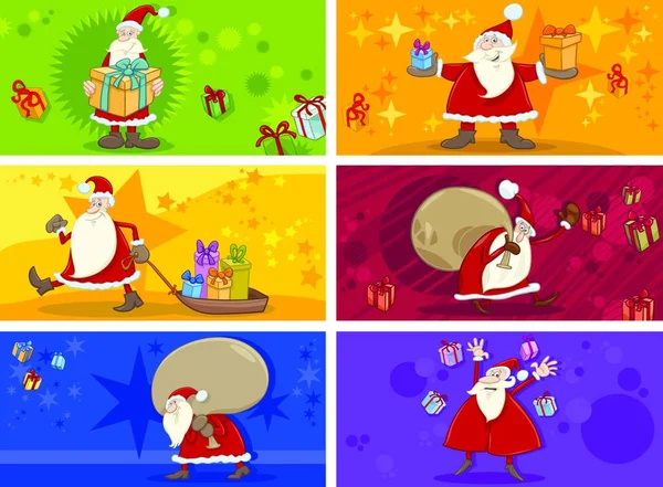 Rajzfilm Illusztrációja Karácsonyi Üdvözlő Kártyák Készlet Mikulás Karakterek — Stock Vector