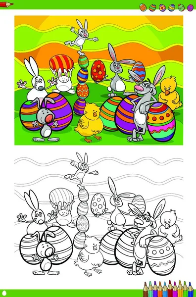 Ilustraciones Dibujos Animados Conejos Pascua Pollos Con Huevos Libro Para — Vector de stock