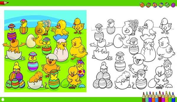 Ilustraciones Dibujos Animados Blanco Negro Personajes Pollo Pascua Con Huevos — Vector de stock