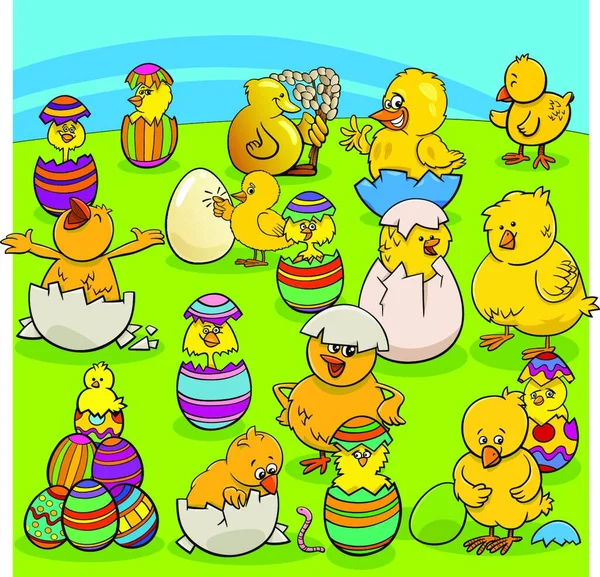 Cartoon Illustration Happy Easter Chick Characters Eggs — Stock Vector