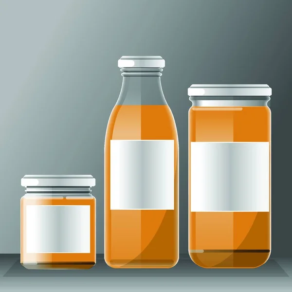 Vector Set Transparent Glass Plastic Orange Liquid Bottle Caps Juice — Stock Vector