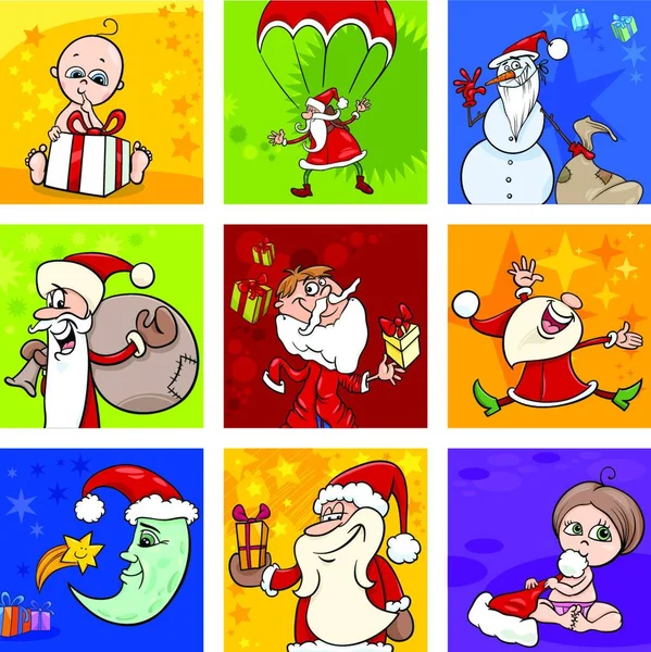 Cartoon Illustration Von Weihnachtsdesign Elementen Oder Grußkarten Mit Weihnachtsmann Zeichen — Stockvektor