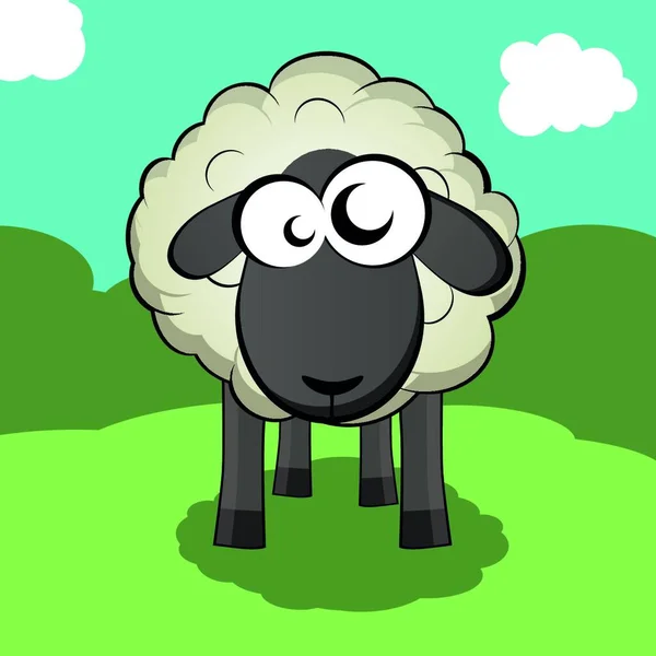Divertente Cartone Animato Pecore Sfondo Verde — Vettoriale Stock