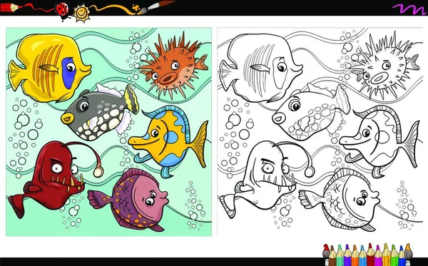 Desenhos Animados Ilustração Peixes Vida Marinha Personagens Animais Colorir Atividade — Vetor de Stock