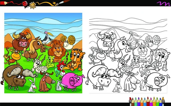 Ilustración Dibujos Animados Del Grupo Animales Para Colorear Actividad Del — Archivo Imágenes Vectoriales
