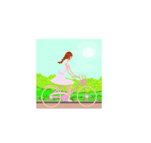 女の子は春のフィールドで自転車に乗っている — ストックベクタ