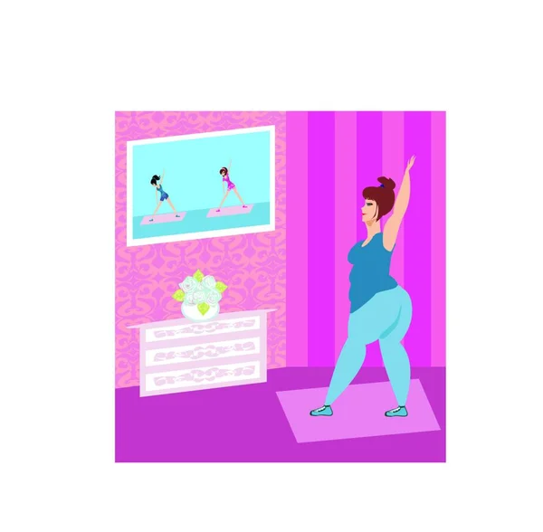 Femme Obèse Faisant Des Exercices Maison Tout Regardant Programme Télévision — Image vectorielle