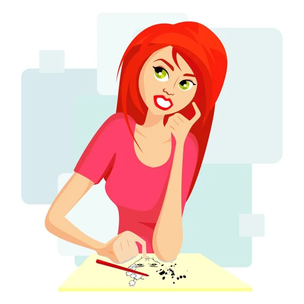 Cartoon Red Hair Female Painting Portrait — Stock Vector