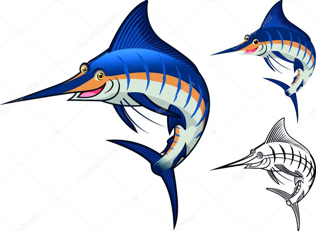 This image is a high quality blue marlin cartoon character include flat design and line art version vector illustration