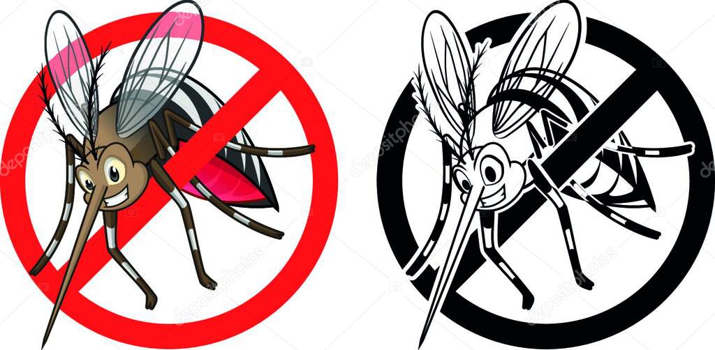 This image is a high quality prohibition sign mosquito cartoon character with black and white version vector illustration