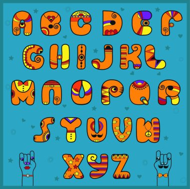Unusual font. Alphabet with Indian style. Funny orange letters. Cartoon hands looking at each other. Vector Illustration. EPS 8 clipart