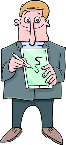 Cartoon Illustration Man Doing Presentatie Met Tablet Een Pen — Stockvector