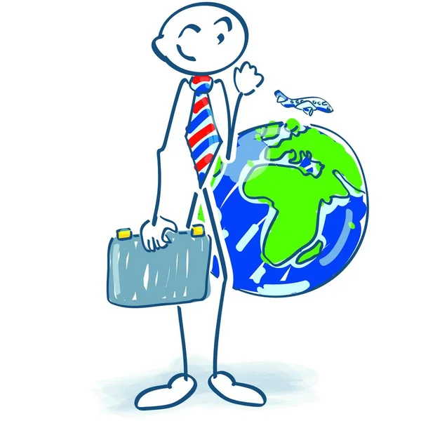 Strichfigur Als Geschäftsmann Mit Koffer Und Weltreise — Stockvektor