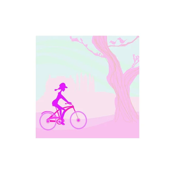 Mujer Delgada Con Bicicleta Parque — Vector de stock