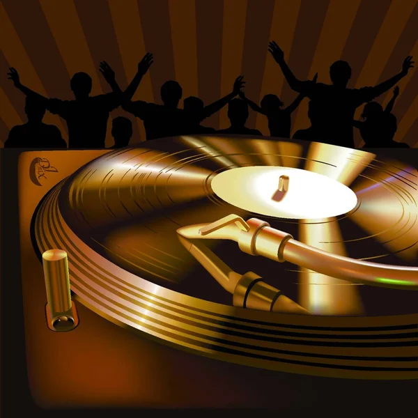 Vinyl Record Spinning Turntable People Dancing Background Background Illustration Vector — Image vectorielle