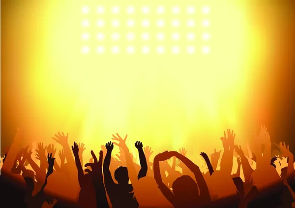 オレンジライティングの下で腕を上げてコンサートを踊る群衆 背景イラスト Vector — ストックベクタ