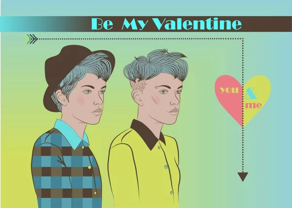 Sois Valentine Carte Pour Lesbiennes Mode Vintage Deux Filles Avec — Image vectorielle