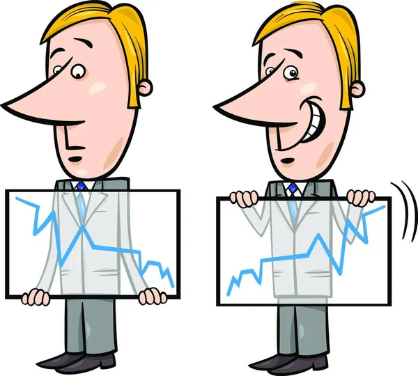 Konzept Cartoon Illustration Von Geschäftsmann Präsentiert Eine Grafik Und Cheats — Stockvektor