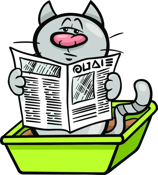 Ilustración Dibujos Animados Gato Leyendo Periódico Caja Arena — Vector de stock