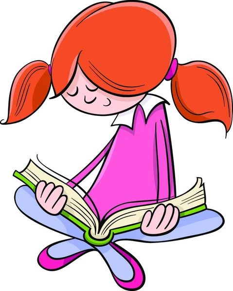阅读一本书的可爱小女孩的漫画插图 — 图库矢量图片