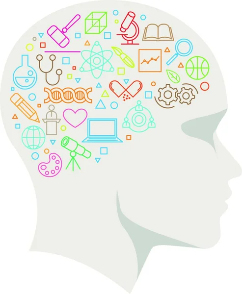 Vector Todos Los Símbolos Las Ciencias Cerebro Humano Ilustración Conceptual — Vector de stock
