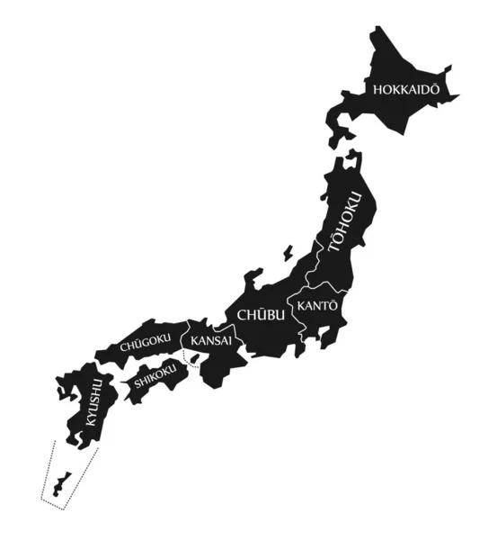 日本地図ラベル付き黒イラスト — ストックベクタ