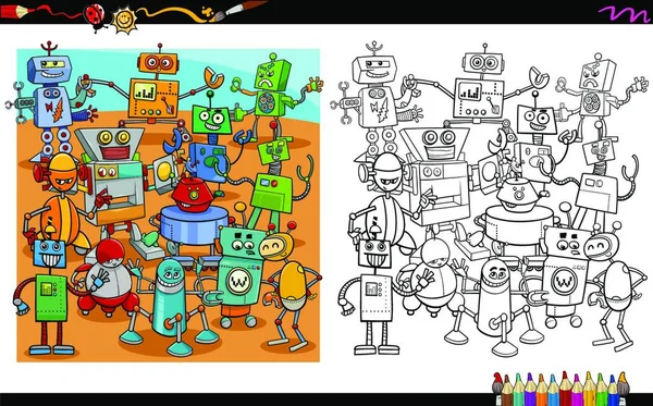Cartoon Illustration Robot Characters Group Coloring Book Activity — Stock Vector