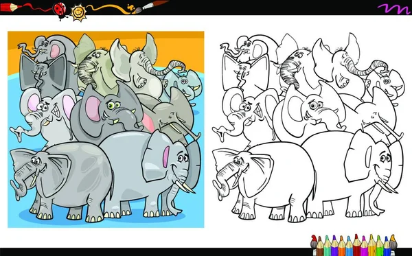 Desenhos Animados Ilustração Elefantes Personagens Animais Grupo Colorir Atividade Livro —  Vetores de Stock