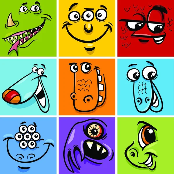 Cartoon Illustration Von Monster Fiktionale Charaktere Gesichter Set — Stockvektor