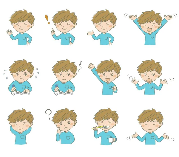 Set Young Boy Various Poses Emotions — Stock Vector