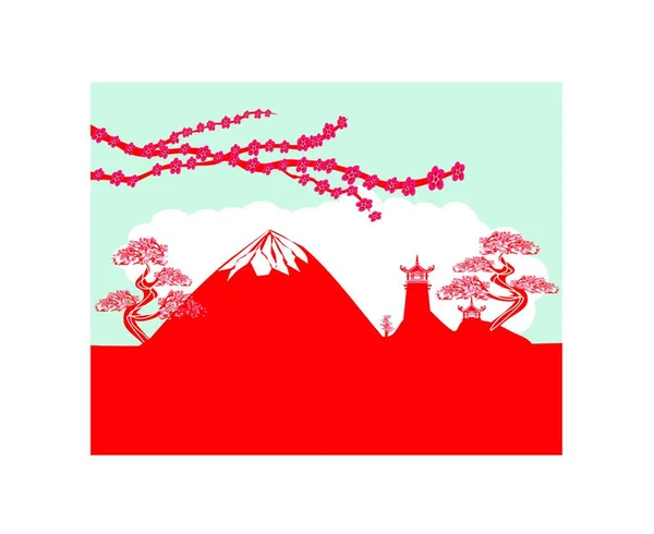 Cartão Com Edifícios Asiáticos Monte Fuji Fujiyama — Vetor de Stock
