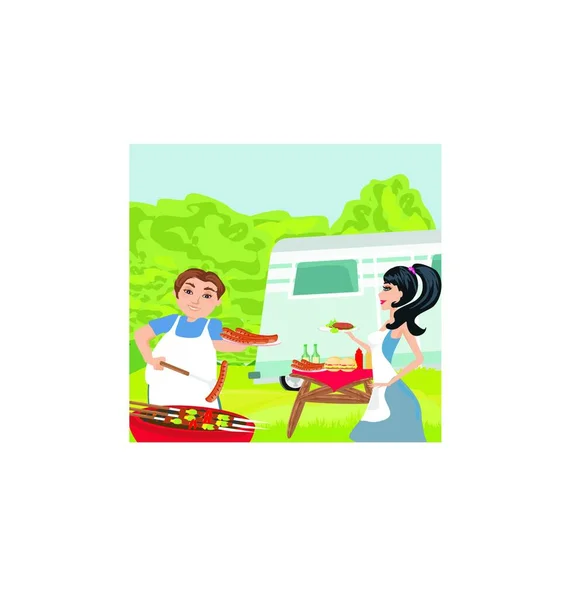 Couple Outdoor Grilling Meat — Stock Vector