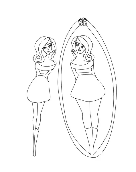 Unglückliches Mädchen Sieht Sich Selbst Spiegel — Stockvektor