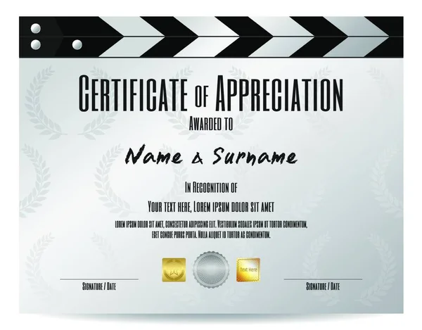 设有电影胶片条纹头和奖状月桂树的嘉许证书模板 — 图库矢量图片