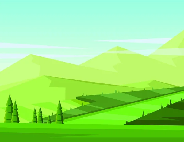 Vector Digital Fondo Abstracto Con Pinos Campos Verdes Nubes Estilo — Archivo Imágenes Vectoriales