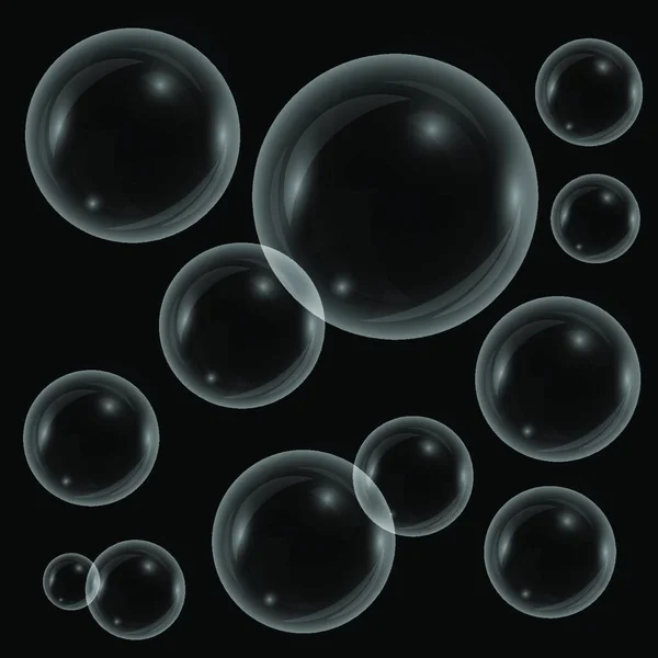 黒の背景に隔離されたベクトル透明石鹸泡 — ストックベクタ