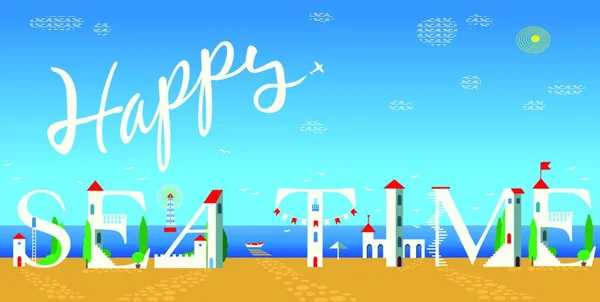 Напис Щасливий Морський Час Незвичайний Шрифт Літній Пляж Милі Білі — стоковий вектор