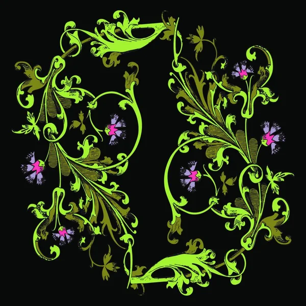 Χειροποίητη Απεικόνιση Του Κλαδιού Λουλούδια Και Φύλλα Μπαρόκ Διάνυσμα Κορνφλάουερ — Διανυσματικό Αρχείο