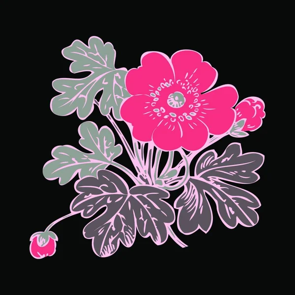 Arbusto Floral Retro Vector Fondo Negro Dibujado Mano Contorno Vendimia — Archivo Imágenes Vectoriales