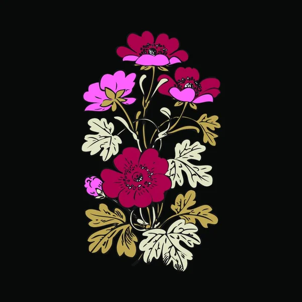 Arbusto Floral Retro Vector Fondo Negro Decorat Dibujado Mano — Vector de stock