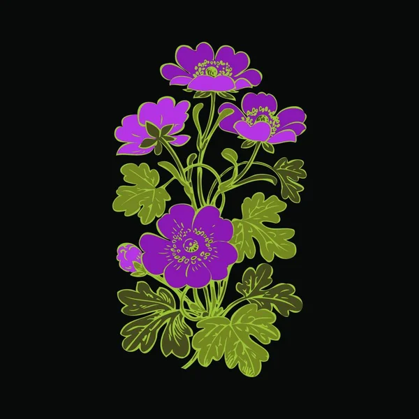 Floral Bush Retro Zwarte Achtergrond Vector Met Hand Getekend Decorat — Stockvector